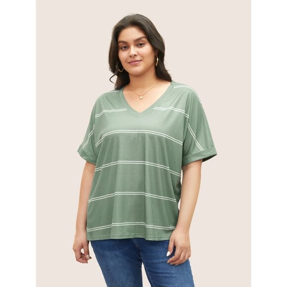 Bloomchic Striped Contrast Dolman Sleeve T-Shirt Mint Green 22/24 3X - Picture 1 of 6